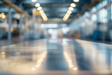 Blurred industrial workspace with lights and reflections