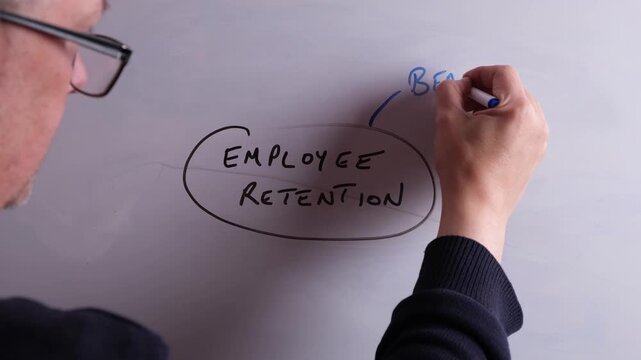 An HR business professional is creating a mind map on a whiteboard with Employee Retention as the main topic, perfect for HR and recruitment presentations.