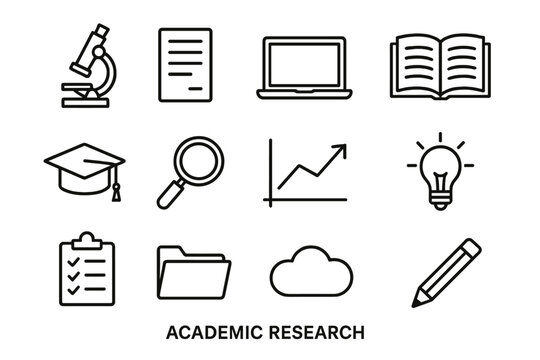 Academic Research Icons. Academic research. Line outline icon set of academic research: microscope, document,