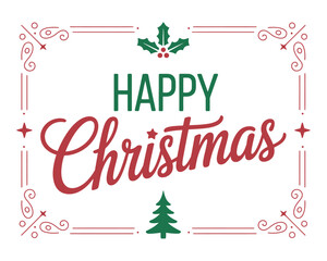 A festive graphic displays the words Happy Christmas within an ornate border decorated with holly and a Christmas tree.