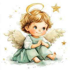 Fototapeta premium Cute little angel with wings and halos in watercolor png style. Children in the form of an angel on a white background. An idea of Christmas and other Christian holidays.