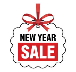 A decorative tag with "NEW YEAR SALE" written on it, adorned with a red ribbon and bow.