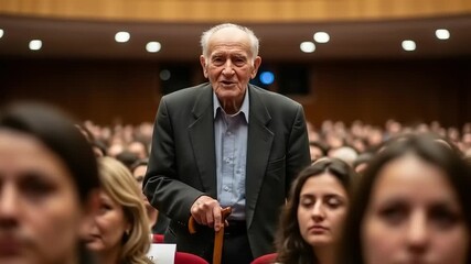 Elderly Man with Cane Attends Event in Auditorium Surrounded by Audience.
