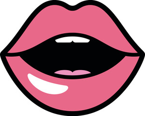 A graphic illustration of a woman's open mouth with pink lips and white teeth.