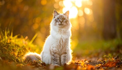 Fluffy cat sits on leaf-strewn ground, bathed in golden sunlight filtering through blurred trees. Serene and tranquil scene