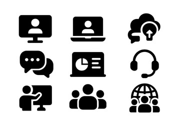 Remote Work Icons. Remote workforce learning. Filled icon set of remote workforce learning: video call, laptop