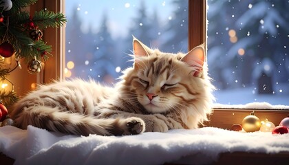 Fluffy cat sleeps peacefully on snow-dusted windowsill with Christmas ornaments and a snowy, wintry landscape outside