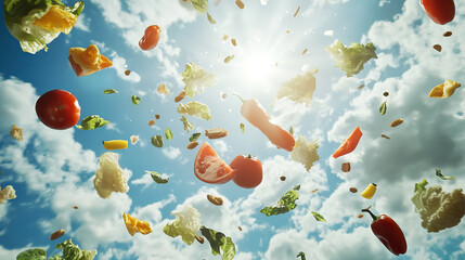 Floating Freshness: Vibrant Salad Ingredients Suspended in a Summer Sky for World Vegan Day, Veganuary, International Vegan Cuisine Month, World Vegan Month