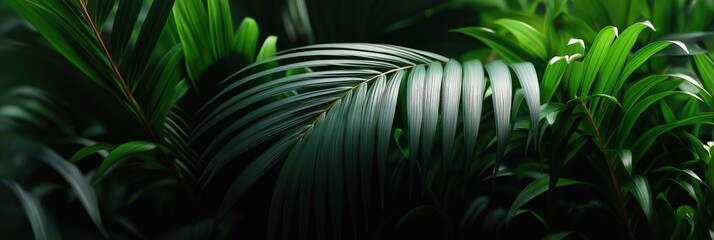 Lush tropical greenery with vibrant palm leaves in dense jungle