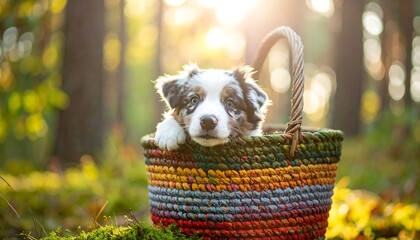 Fluffy puppy with piercing eyes sits inside a colorful basket in a blurry forest setting with sunlight breaking through