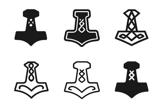 Mythical God Symbols. Ancient gods and goddesses in a mystical landscape. Set Logo of Ancient gods and goddesses in a mystical landscape: Thor Mjolnir hammer.