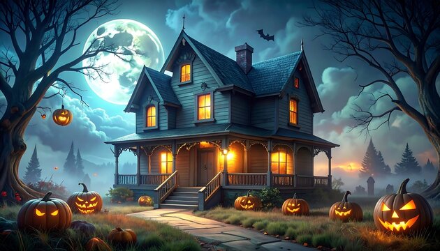 Eerie, glowing house bathed in moonlight, surrounded by jack-o'-lanterns & bare trees on a spooky Halloween night