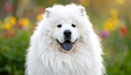 Fluffy white Samoyed dog with a black tongue poses outdoors in a green and colorful floral field