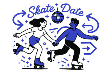 Obraz premium Roller Rink Romance. Roller rink romance. They glide hand-in-hand past neon arrows; wheels spark tiny stars on the floor. ?Skate date? loops in cursive around