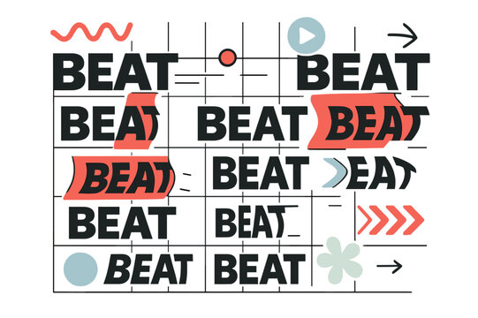 Kinetic Typography Rhythm. Kinetic Typography ? Rhythm Grid. Blocks of ?BEAT / BEAT? jump on a tidy grid; a tiny playhead sweeps left to right. Letters