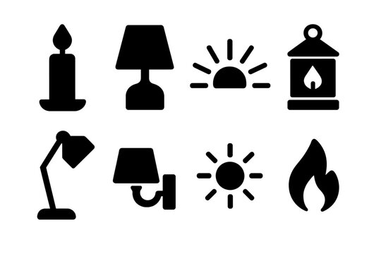 Mood Lighting Icons. Mood lighting. Filled icon set of mood lighting: candle, lamp, soft light rays, lantern,