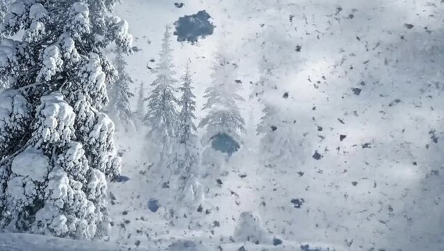 A heavy snowstorm or avalanche filling the screen with snow and debris on a green screen for a winter transition effect.
