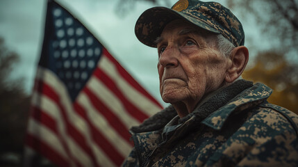 Respectful solemn elderly veteran holding waving American flag war memorial calm cloudy sky pride respect tribute messages