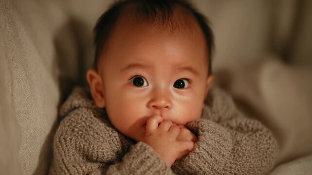 Cute baby with big eyes plays and smiles in cozy setting during evening time