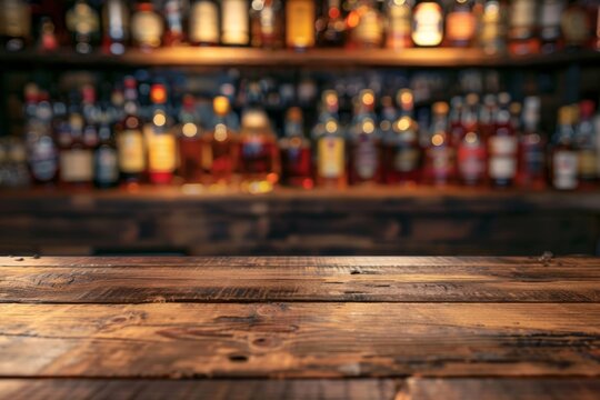 Wooden bar counter with blurred liquor bottles in background - Powered by Adobe