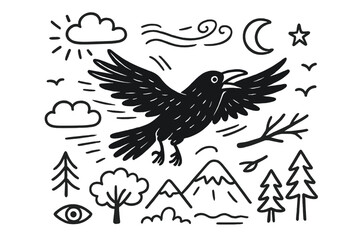 Naklejka premium Raven's Flight Dynamics. Raven flight. Hand-drawn doodle illustration Raven flight wings spread, feather trail, sky, clouds, mountain, branch, flock of birds,