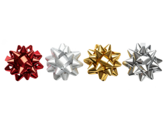 Four colorful gift bows in red, silver, and gold, isolated on transparent background