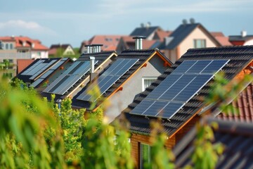 Rooftops with solar panels in a residential area