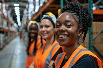 Three young women smiling in a warehouse