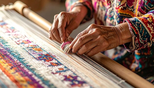 Elderly hands weaving a colorful textile on a loom, focusing on detailed craftsmanship and vibrant patterns
