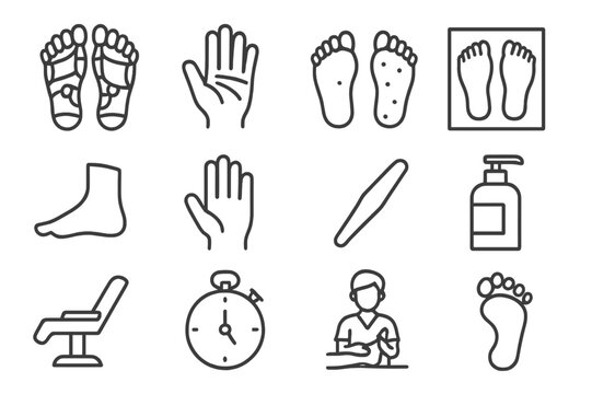 Reflexology Icon Set. Reflexology. Line icon set of reflexology: foot map, hand map, reflex points, chart, foot, hand, massage stick, lotion bottle, chair,
