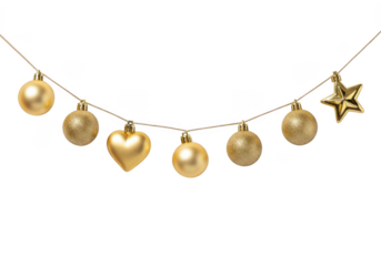 A string of golden christmas ornaments including balls, a heart, and a star, isolated on transparent background