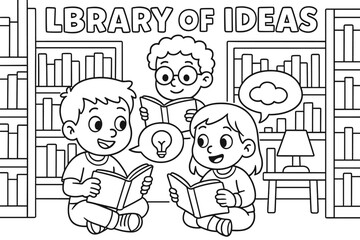 Children's Cozy Library. Library of ideas children?s coloring book illustration, outlined drawing, children