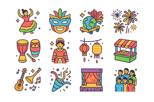 Global Celebration Icons. Global celebration. Colorful isometric vector icons set of global celebration: traditional dance, festival mask, parade float,