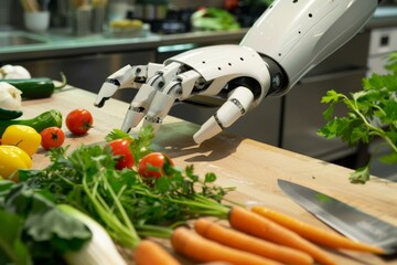 Robotic hand preparing fresh vegetables in kitchen