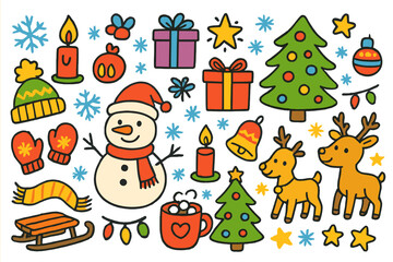 Fototapeta premium Winter Wonderland Fun. cold season fun. Colorful Hand-drawn doodle Children illustration cold season fun snowman, Christmas tree, gifts, candle, snowflakes,