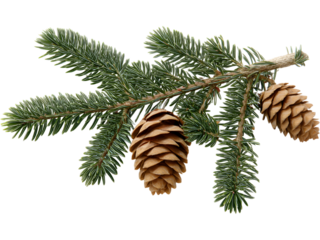 Christmas pine branch with cones isolated on transparent background, perfect for holiday decor and festive compositions.