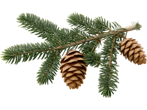 Christmas pine branch with cones isolated on transparent background, perfect for holiday decor and festive compositions.