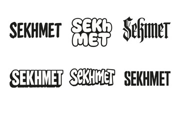 Diverse Lettering Styles. Sekhmet Deity. Set lettering. harmonious lettering variations of the same emblematic concept, each with different artistic