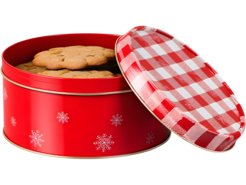 Red metal tin box filled with cookies isolated on transparent background, perfect for holiday and Christmas packaging concepts.