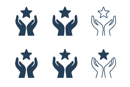 Empowered Unity Logos. Community empowerment. Set Logo of Community empowerment: joined hands lifting star. harmonious logo variations of the same emblematic