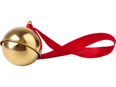 Shiny golden sleigh bell with red ribbon isolated on transparent background, perfect for Christmas and festive designs.