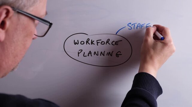An HR business professional is creating a mind map on a whiteboard with Workforce Planning as the main topic, perfect for HR and recruitment presentations.