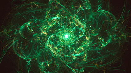 Green, glowing abstract spiral vortex with light trails in a dark background. Energy, technology, and futuristic concept for digital art and design.