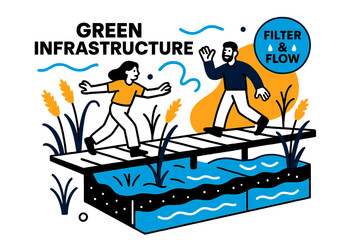 Wetland Stormwater Design. Green infrastructure ? Constructed wetlands for stormwater. Reeds sway around boardwalks; water levels mark neat tiers in a cutaway.