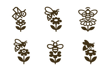Fototapeta premium Pollinator Protection Logos. Pollinator protection. Set Logo of Pollinator protection: bee over wildflower. harmonious logo variations of the same emblematic