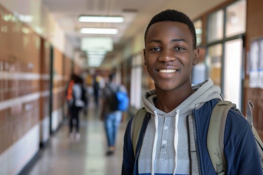 Smiling young student in school hallway