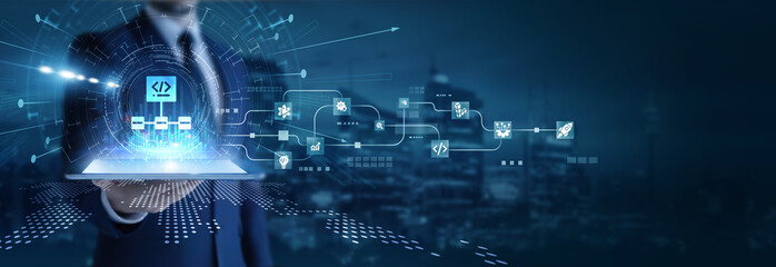 Businessman analyzing using tab data on algorithm development. Coding optimization, data computation, system logic design, performance analysis, software intelligence, and automation solutions.