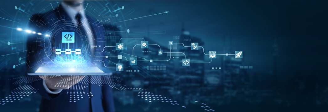Businessman analyzing using tab data on algorithm development. Coding optimization, data computation, system logic design, performance analysis, software intelligence, and automation solutions.