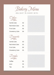 Elegant Bakery Menu Template – Printable Cake, Dessert, and Drink Menu Design