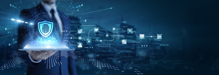 Businessman analyzing using tab data on biometric security. Fingerprint scanning, facial recognition, identity verification, cybersecurity systems, and digital access control.